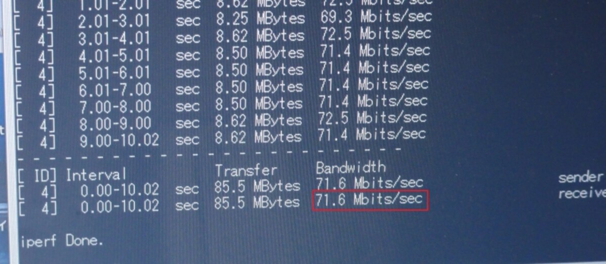 ノートパソコンのiperf3測定結果