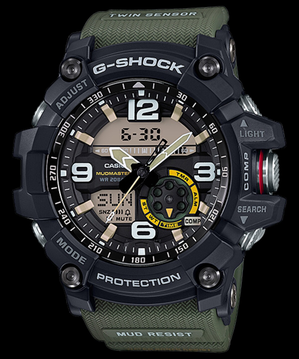 G-SHOCK「マッドマスター GG-1000-1A3JF」￥37,000（税抜き）　ケース径55.3mm、重量約94g、20気圧防水、クォーツ