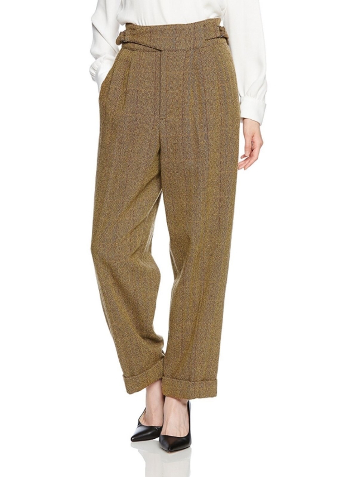 イエローベージュのツイードパンツ (エリン)ELIN H/B tweed waist belted pants
