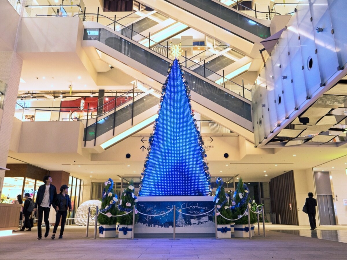 1階 グランドガレリアに設置された高さ約8mの「Wishing Star Christmas Tree」。反対側は星形のオーナメントなどで飾り付けされています(2017年11月7日撮影)