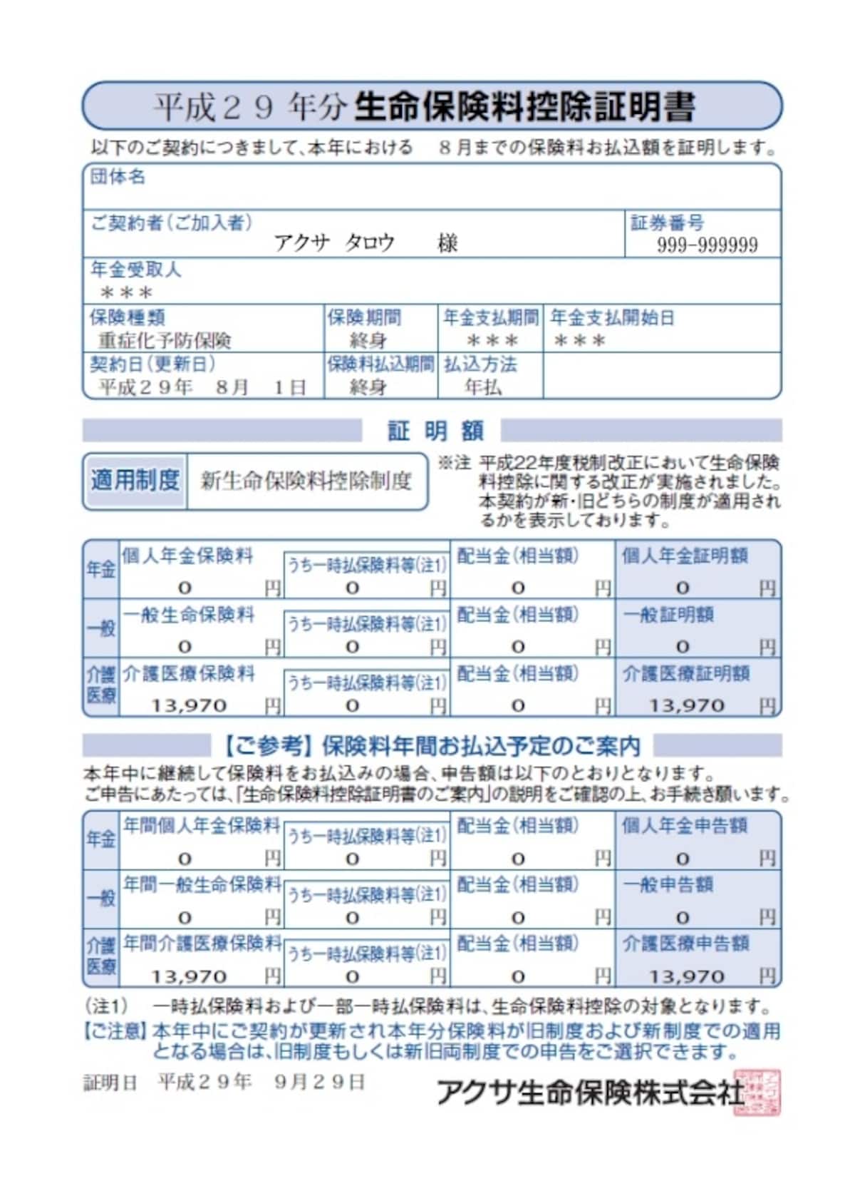 生命保険料控除証明書の一例（アクサ生命保険株式会社の場合。アクサ生命保険会社HPより）