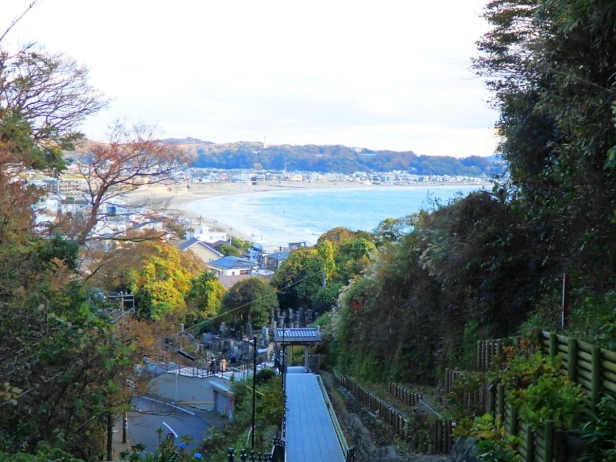 成就院の石段の上から見晴らす海