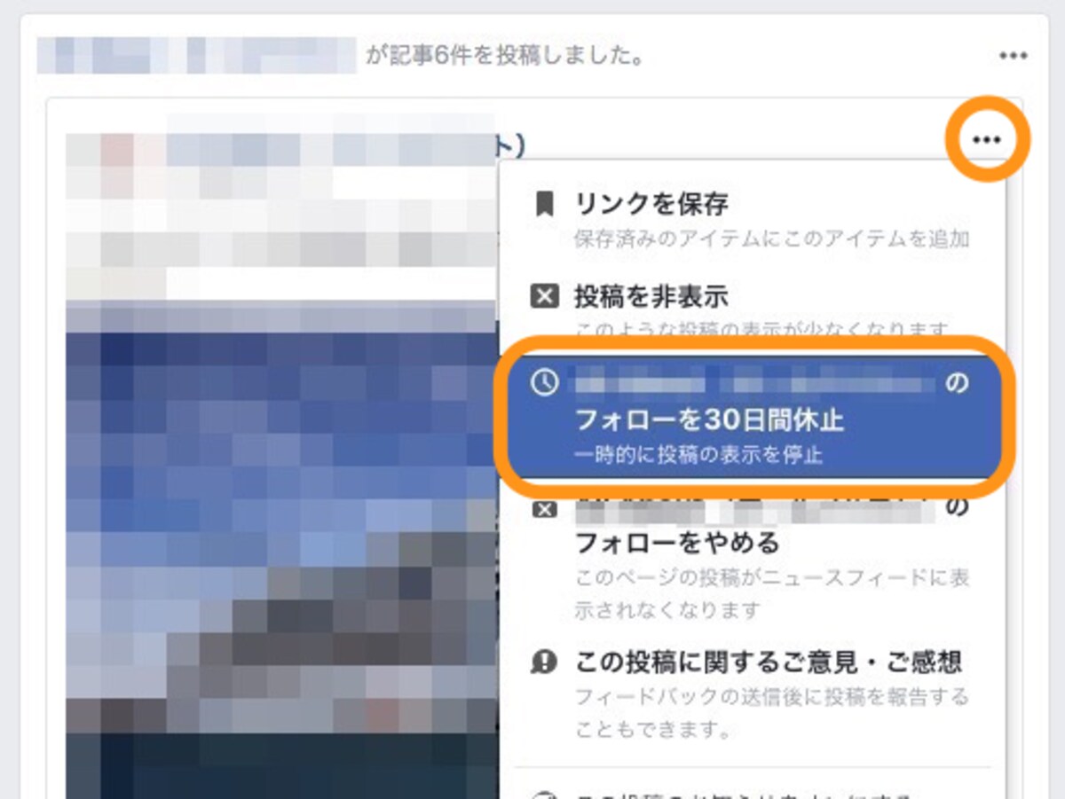 投稿の右上にある［…］をクリックして［○○のフォローを30日間休止］を選択