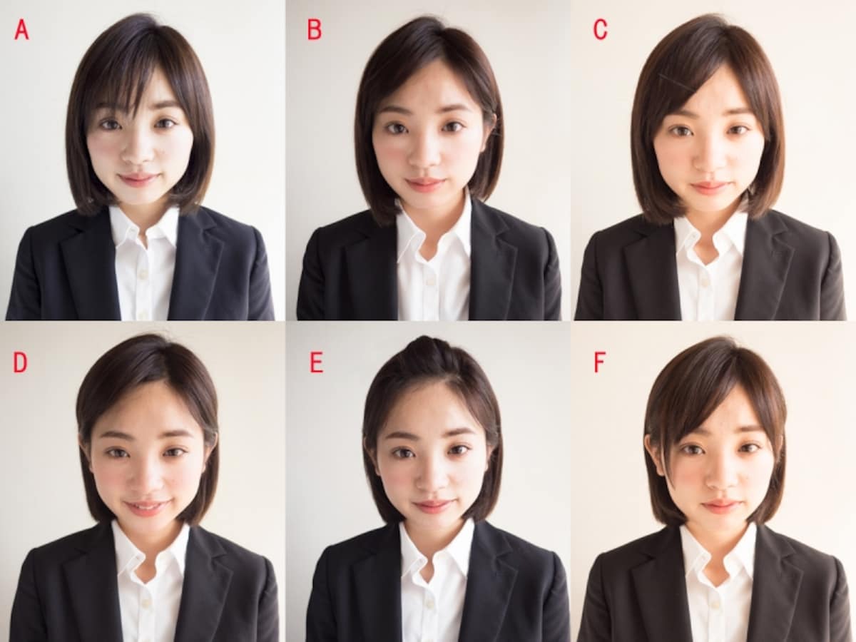 AからFまで前髪のバリエーションを比較。これだけでもかなり印象が変わります