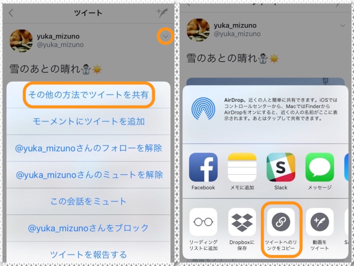 (左)「∨」をタップし、［その他の方法でツイートを共有］をタップ。(右)［ツイートへのリンクをコピー］をタップ(表示されないときには左にスワイプ)