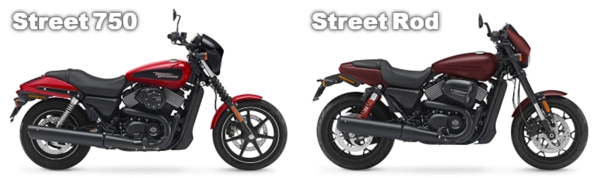 左がベースモデルであるストリート750、右がストリートロッド。クルーザー感が残る前者に対して、より前傾姿勢のライディングフォームがイメージされるスタイルに進化している