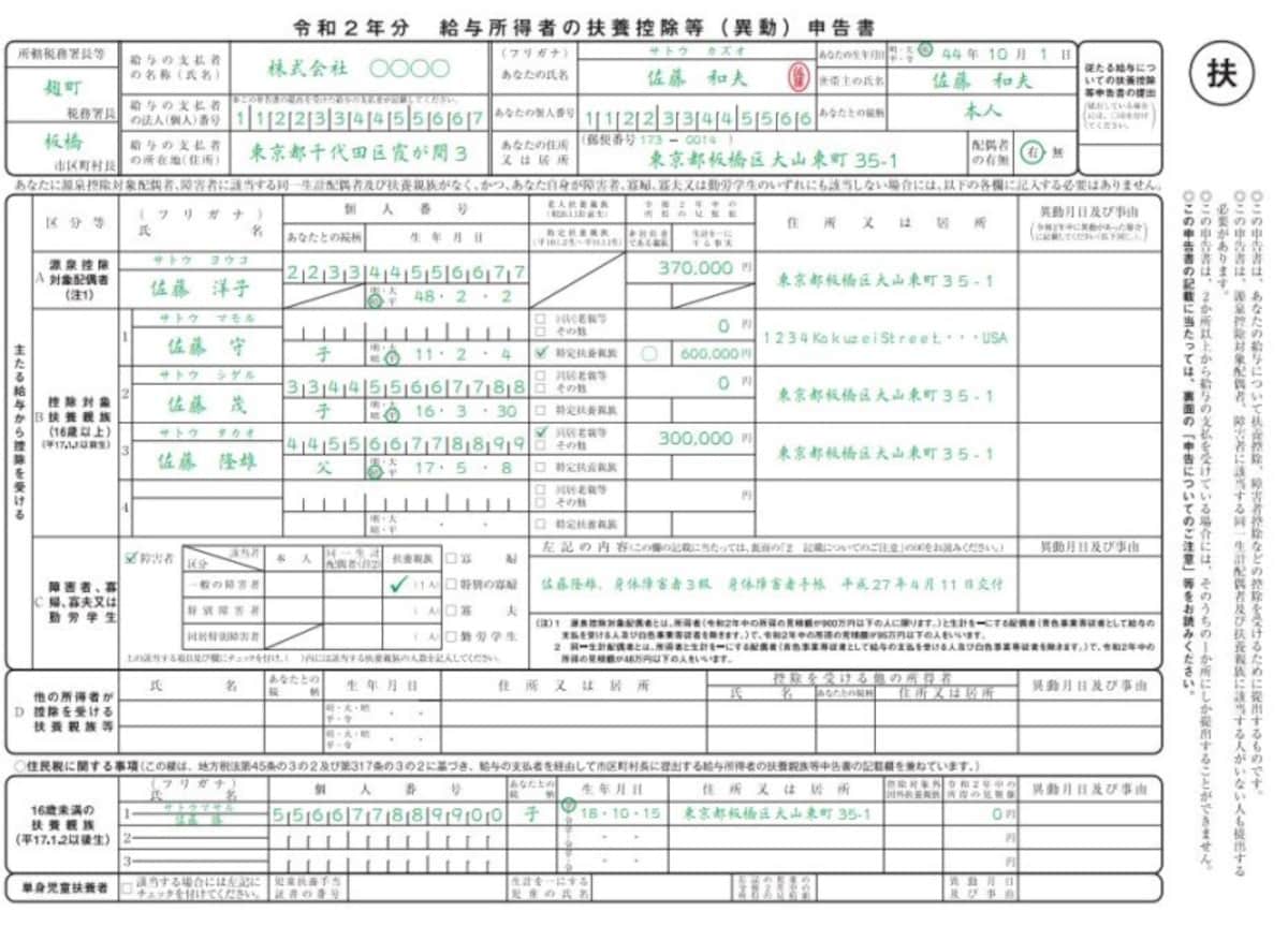 16歳未満の扶養親族がいる場合の扶養控除等（異動）申告書の記載例　（出典：国税庁資料より）