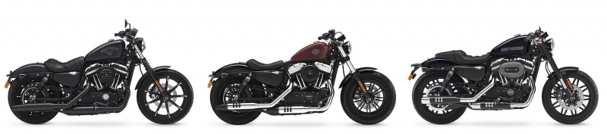 左からアイアン883、フォーティーエイト、ロードスター。前の2台と比べてもよりアグレッシブなバイクに仕上げられている