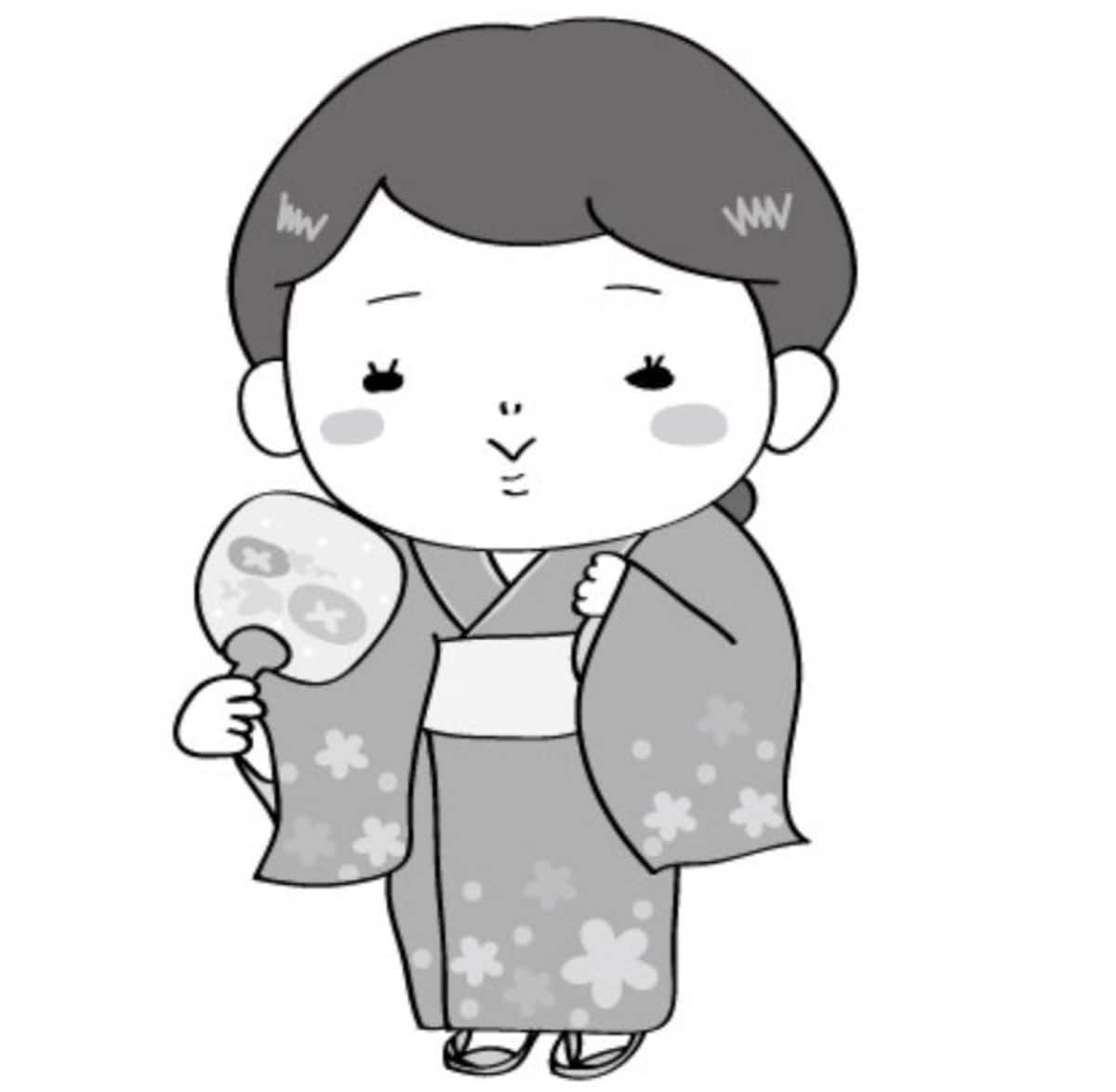 夏　イラスト　かわいい　フリー　無料　浴衣　女性　女の子　白黒