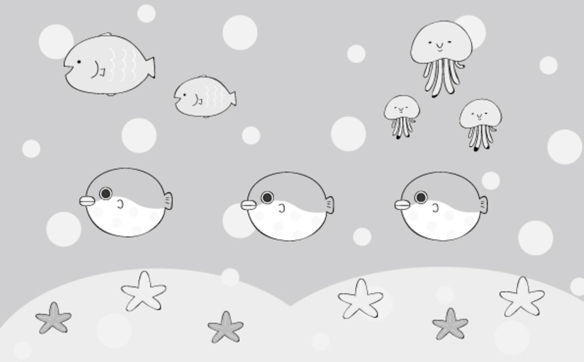 モノクロ/海の生き物で賑わう海中です。