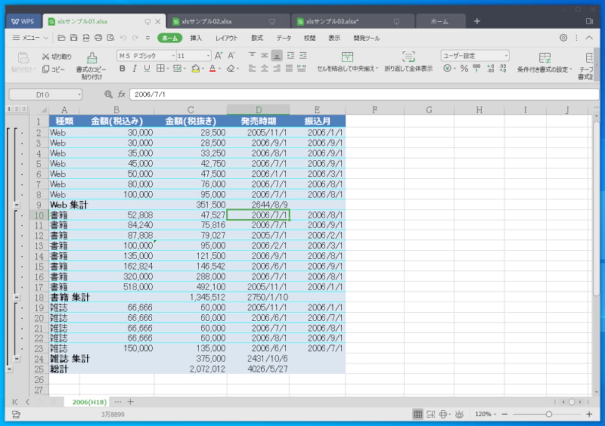 WPS Spreadsheets：問題なく再現できました。左側のボタンで折りたたみ/展開もできます。