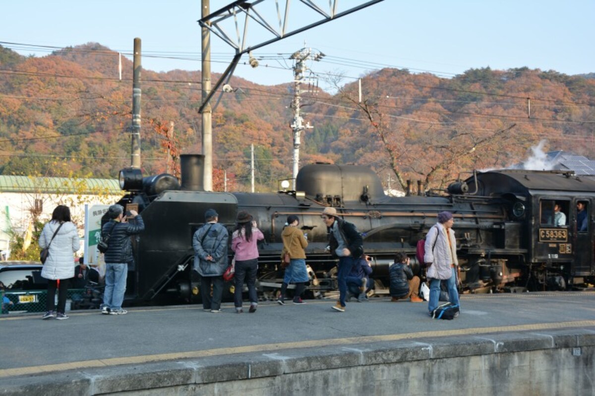 長瀞駅からSL超しに見る紅葉（撮影2014年11月24日）