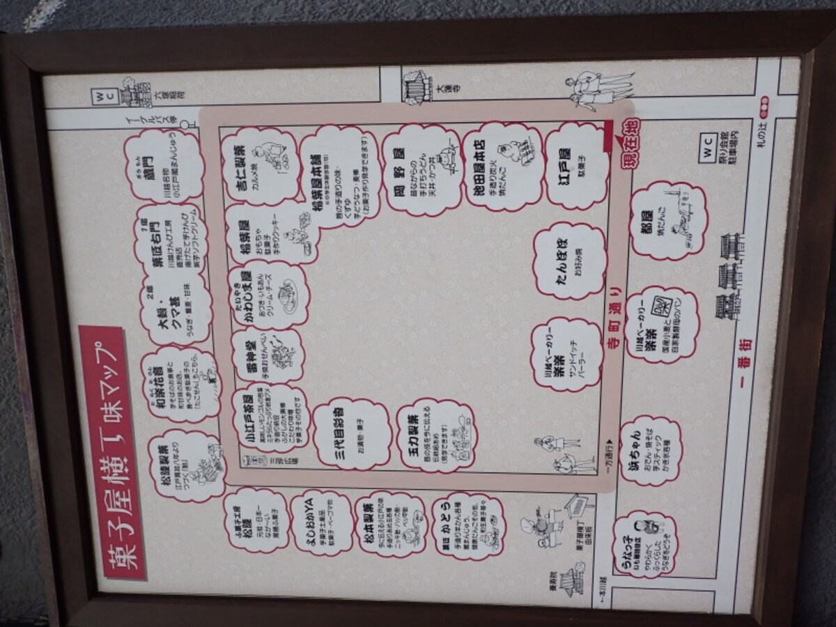 「江戸屋」の店先にある「菓子屋横丁」マップ
