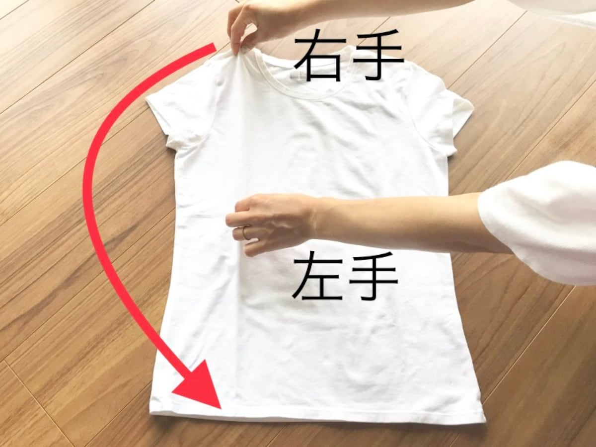 右手で肩のところをつまんだまま、矢印の先もつまむ