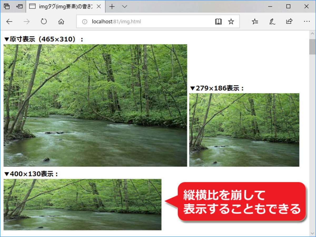 imgタグにwidth属性やheight属性を書けば、画像の横幅や高さを自由に指定できる