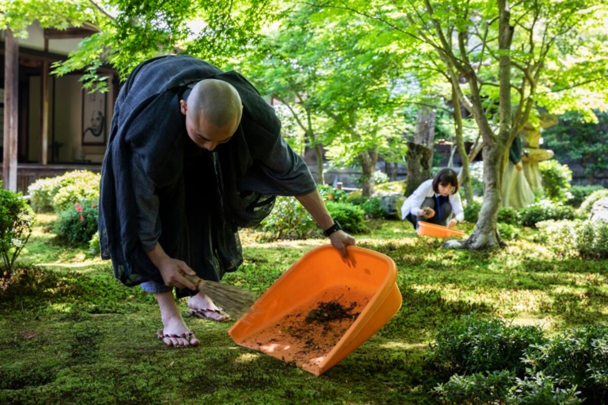 早朝の苔庭作務