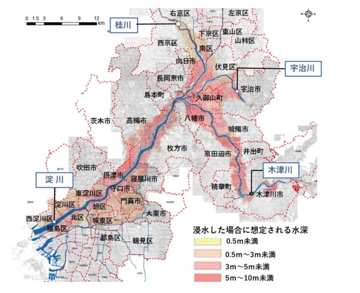 【図2】淀川水系洪水時の浸水想定区域（想定最大規模）（出典：国土交通省）を加工して作成