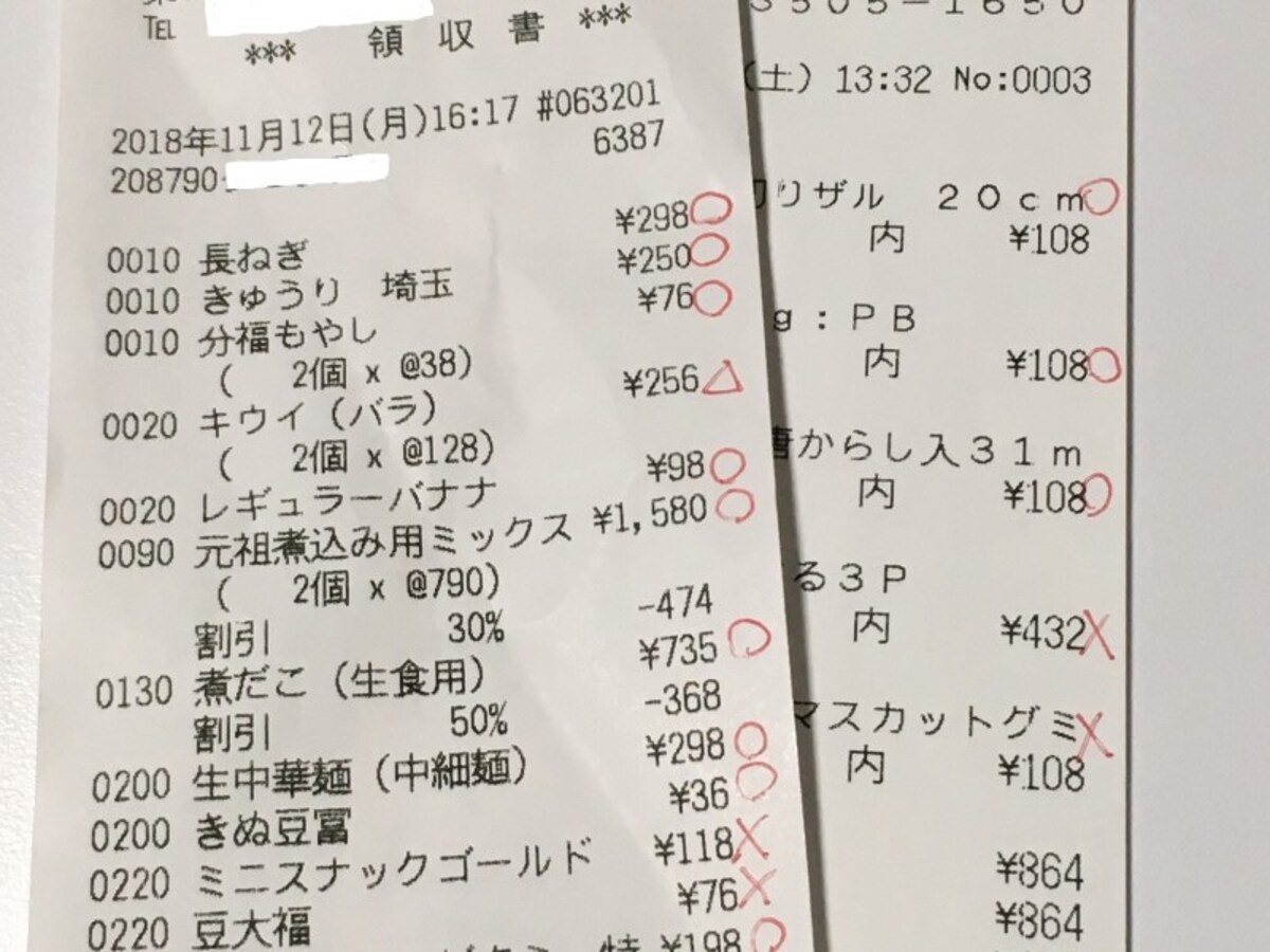 レシートを見直して、買ったものに対して〇△×の成績表をつける