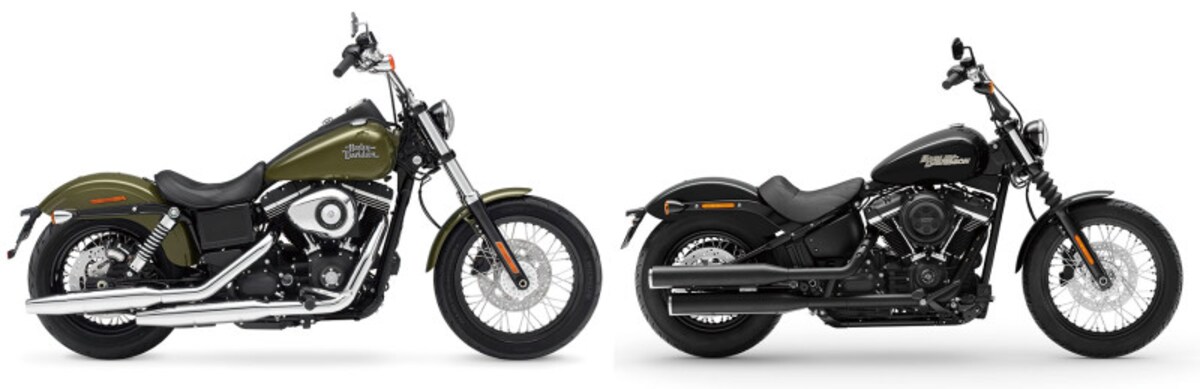 左が2016年モデル、右が2019年モデルのストリートボブ。エンジンとフレームを一新し、ボディラインも一層コンパクトになった。