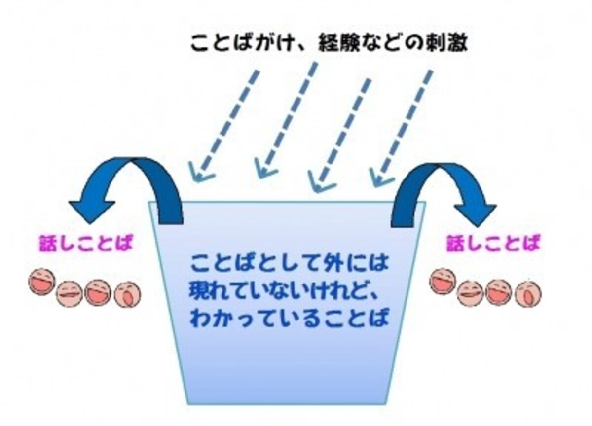 言葉が出てくる仕組みは、コップに水がたまり、溢れだす様子に例えられます