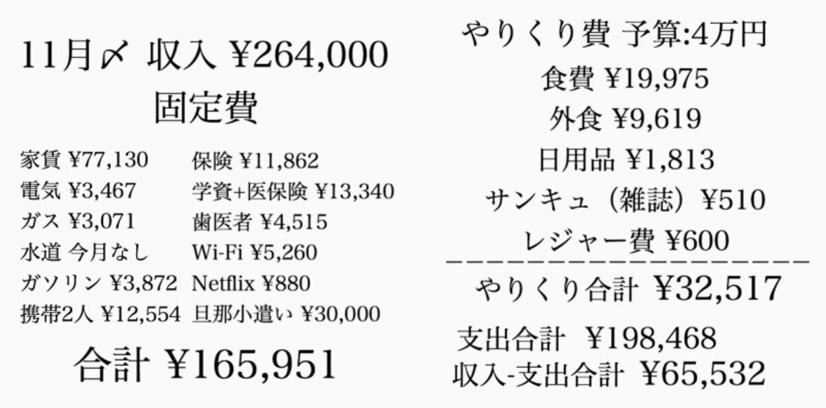 akiさんご家庭の11月～1月の家計簿