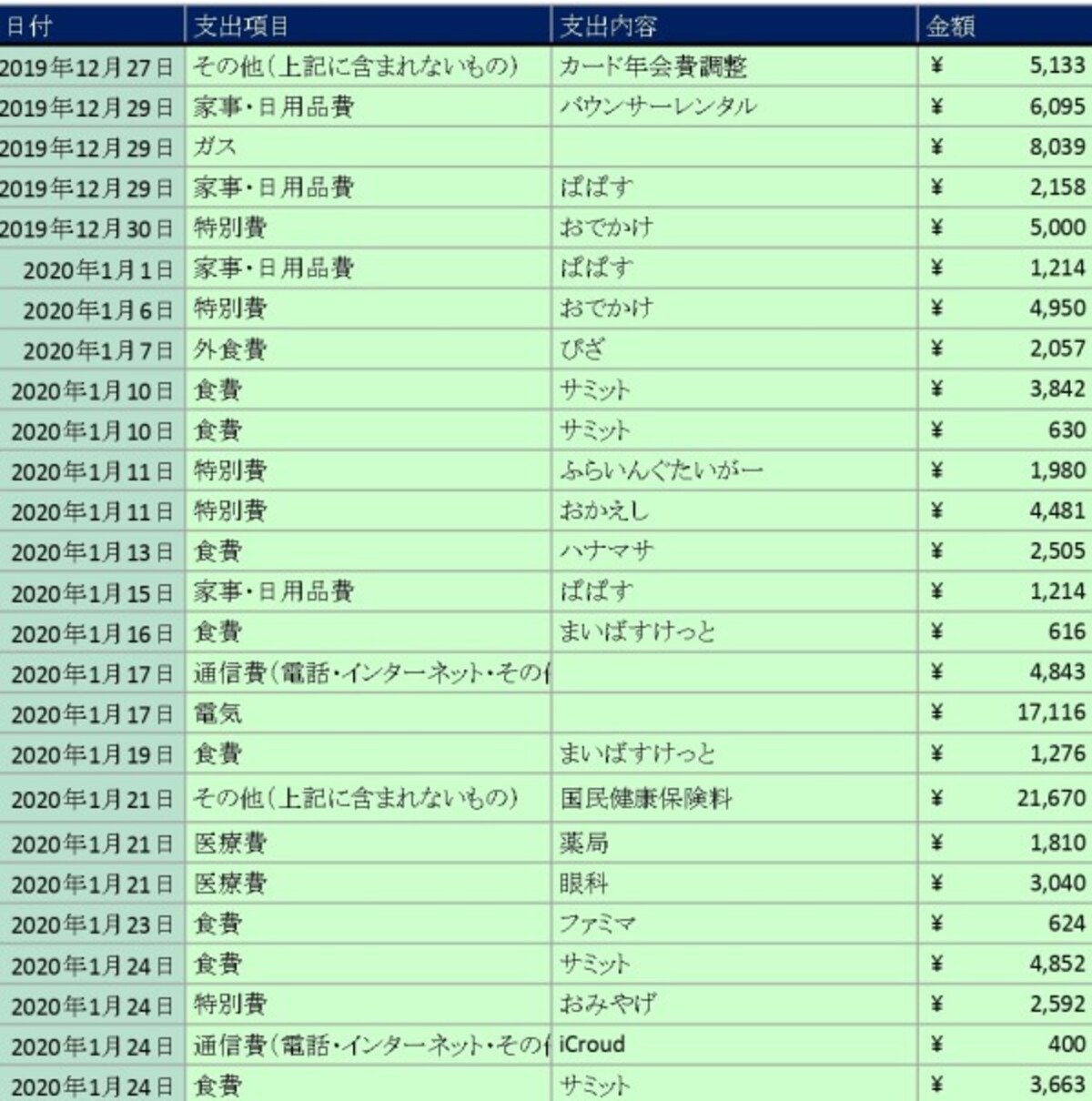 ふこままさんの1月家計簿