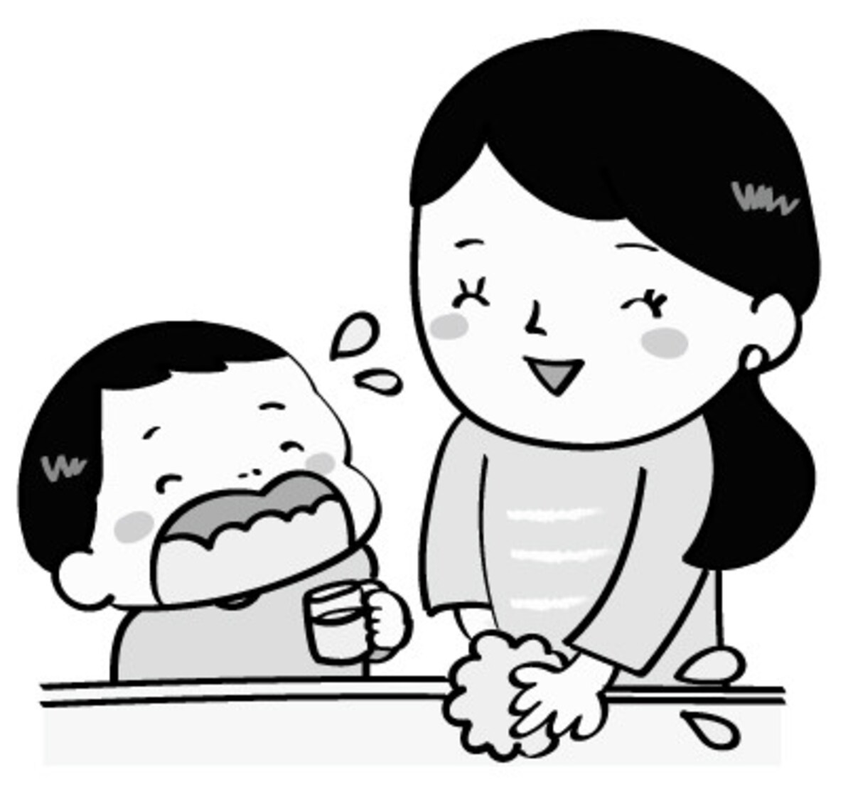 イラスト　手洗い　うがい　親子　無料　白黒