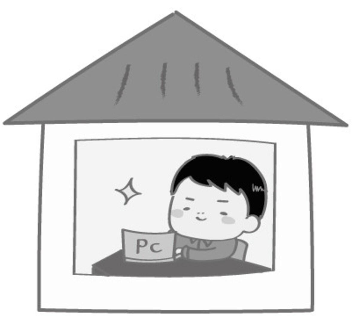 イラスト　リモートワーク　男性　無料　白黒