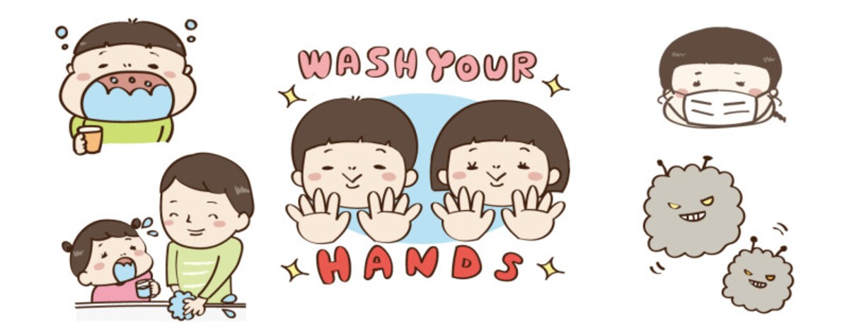 手洗いイラスト　うがいイラスト　マスクイラスト　無料 フリー素材 可愛い 白黒