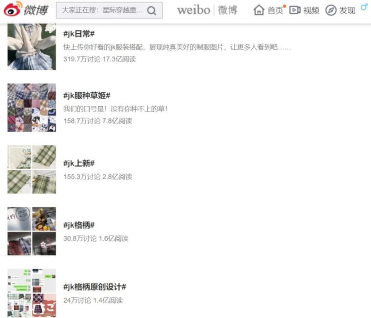 中国版のTwitterといわれる「weibo」での「JK」検索結果。JK制服に関する話題のページビューはほとんど1億を超える規模です。