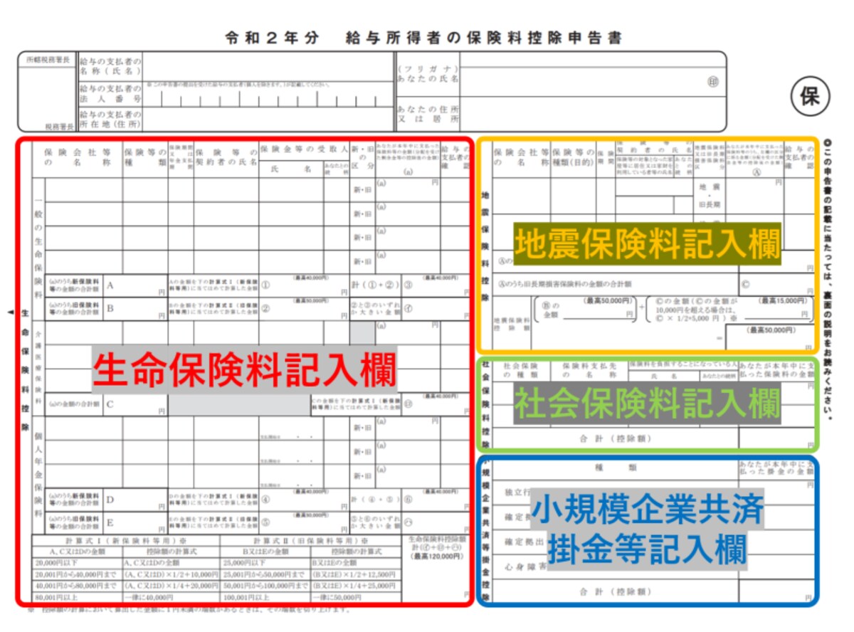 保険料控除申告書,生命保険料控除,社会保険料控除,地震保険料控除,小規模企業共済等掛け金控除