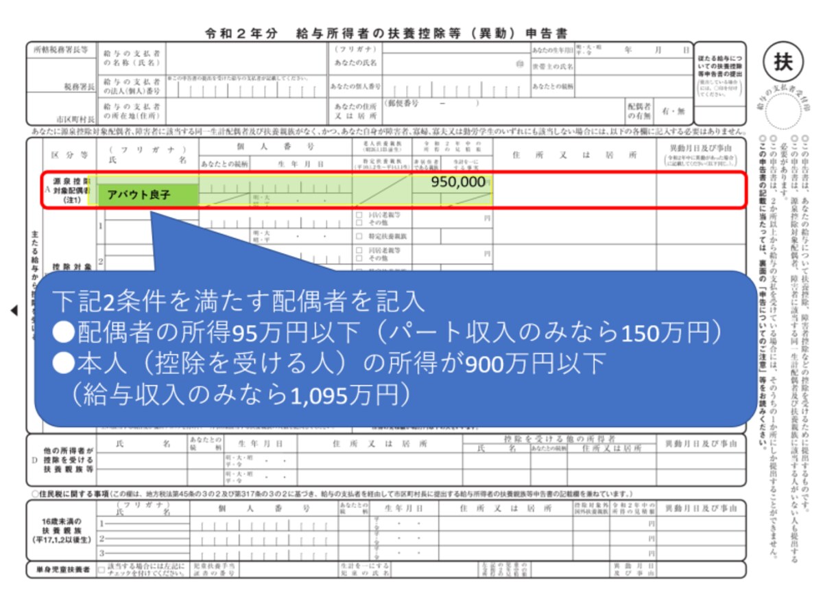 源泉控除対象配偶者,所得要件,本人,配偶者,95万円,900万円