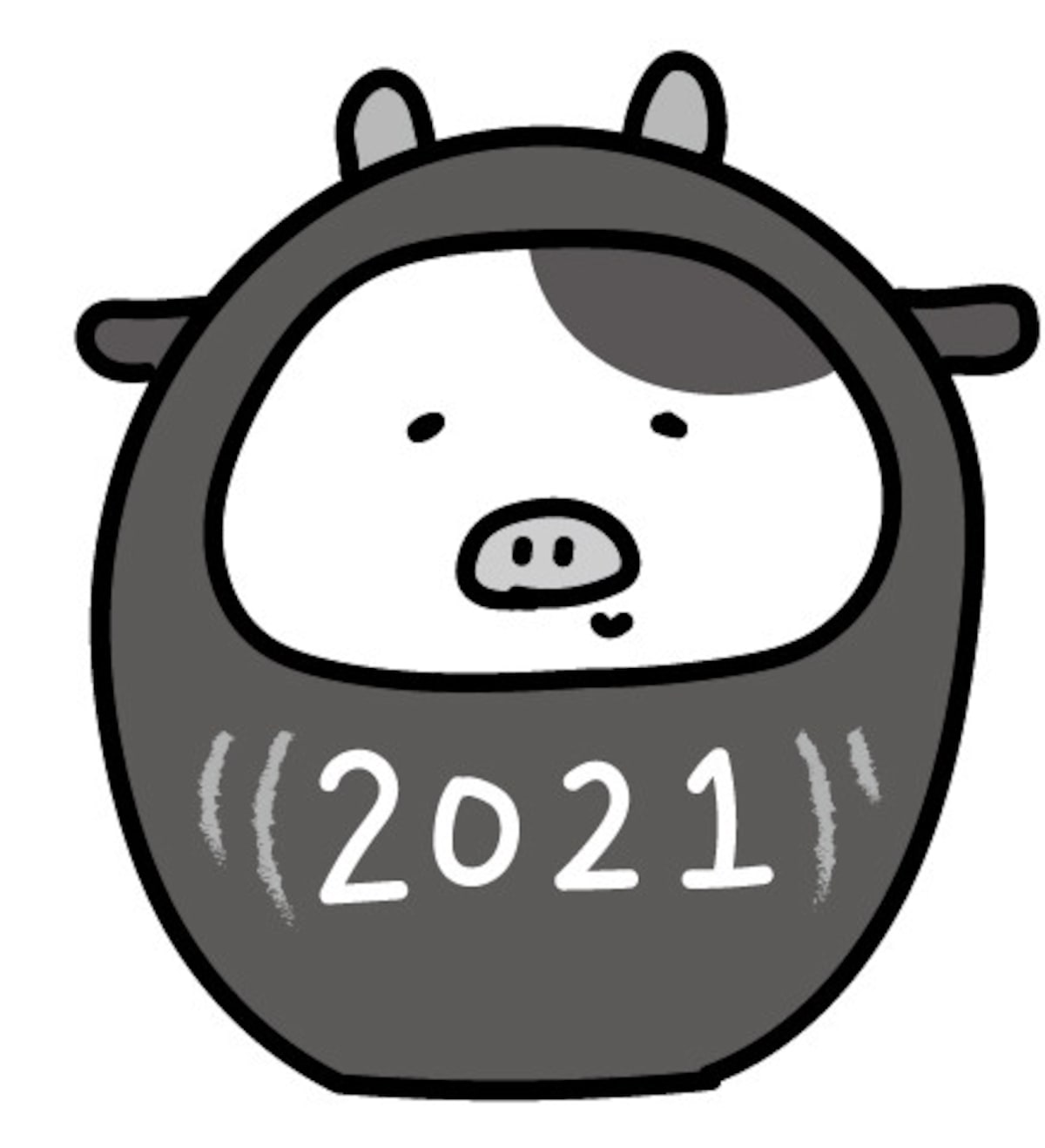 うし　牛　ウシ　イラスト　年賀状　2021 干支　無料　フリー　だるま　ダルマ　かわいい 白黒 