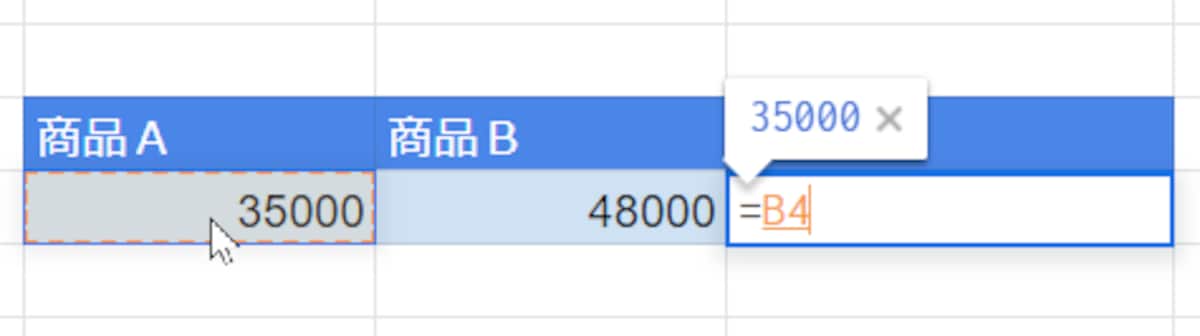 商品Ａの金額をクリックします。すると、そのセル番地が入力されます。