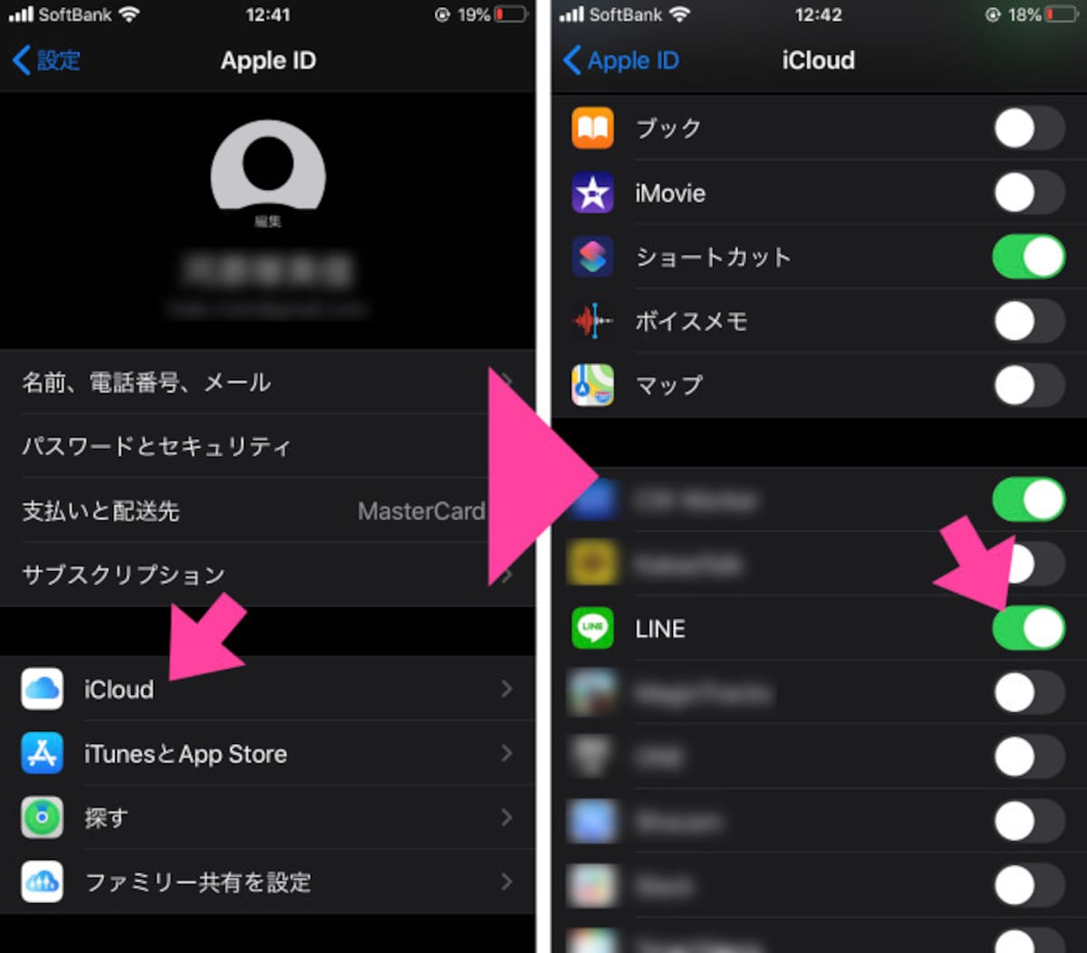 「iCloud」を選択し、設定画面で「LINE」の項目がONになっているか（緑色になっているか）を確認する