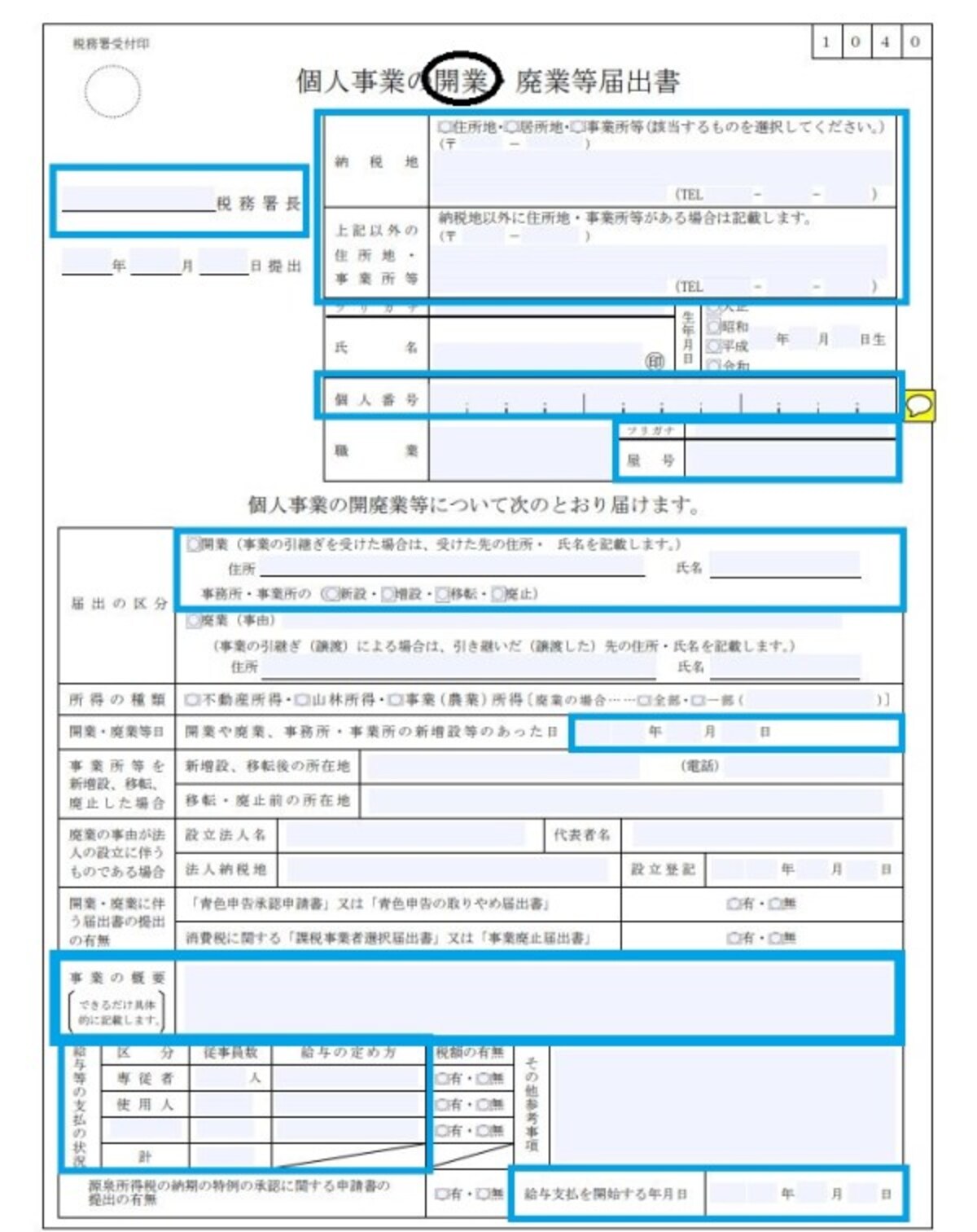 個人事業の開業届　記載例　抜粋　（出典：国税庁資料　筆者一部加工）