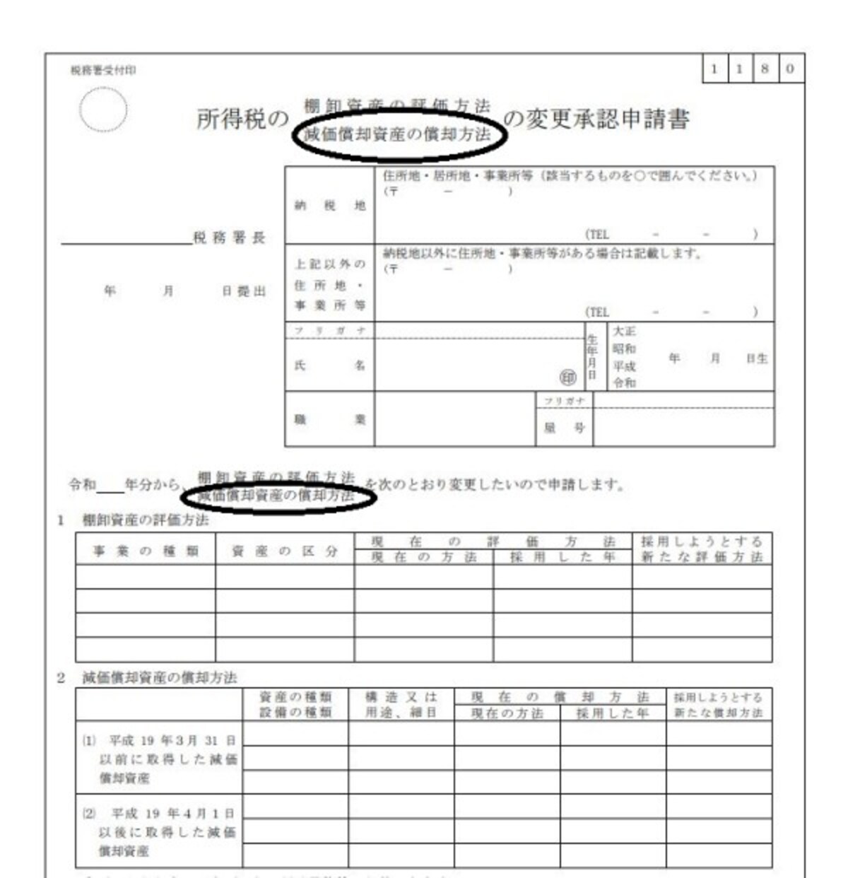 所得税の減価償却資産の償却方法の変更承認申請手続フォーマット　（出典：国税庁資料より）