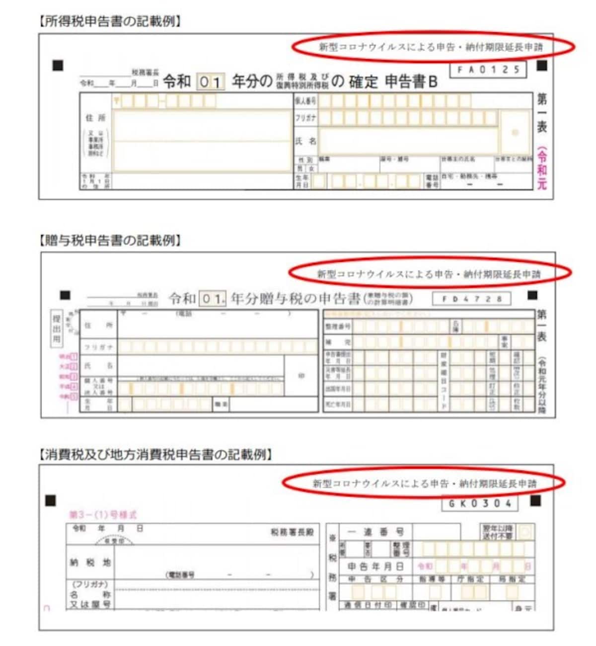 確定申告書に申告・納付の個別延長を申請する場合の記載例　（出典：国税庁資料　筆者一部加工）