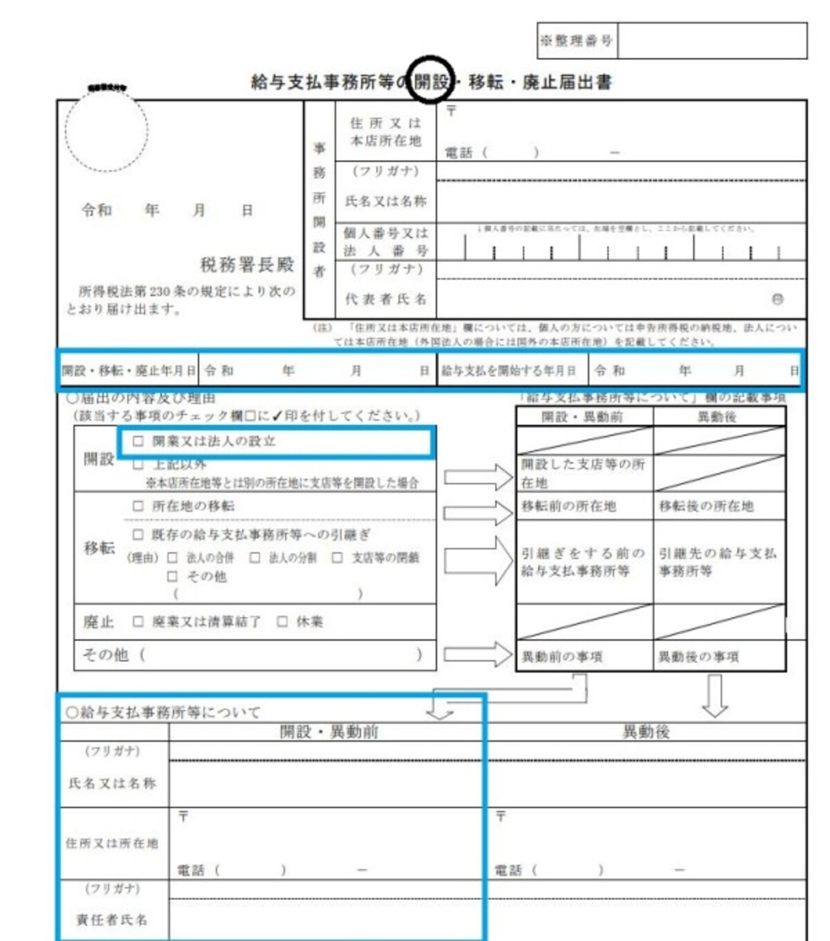 給与支払事務所等の開設・移転・廃止届出書　抜粋　（出典：国税庁資料　一部抜粋）