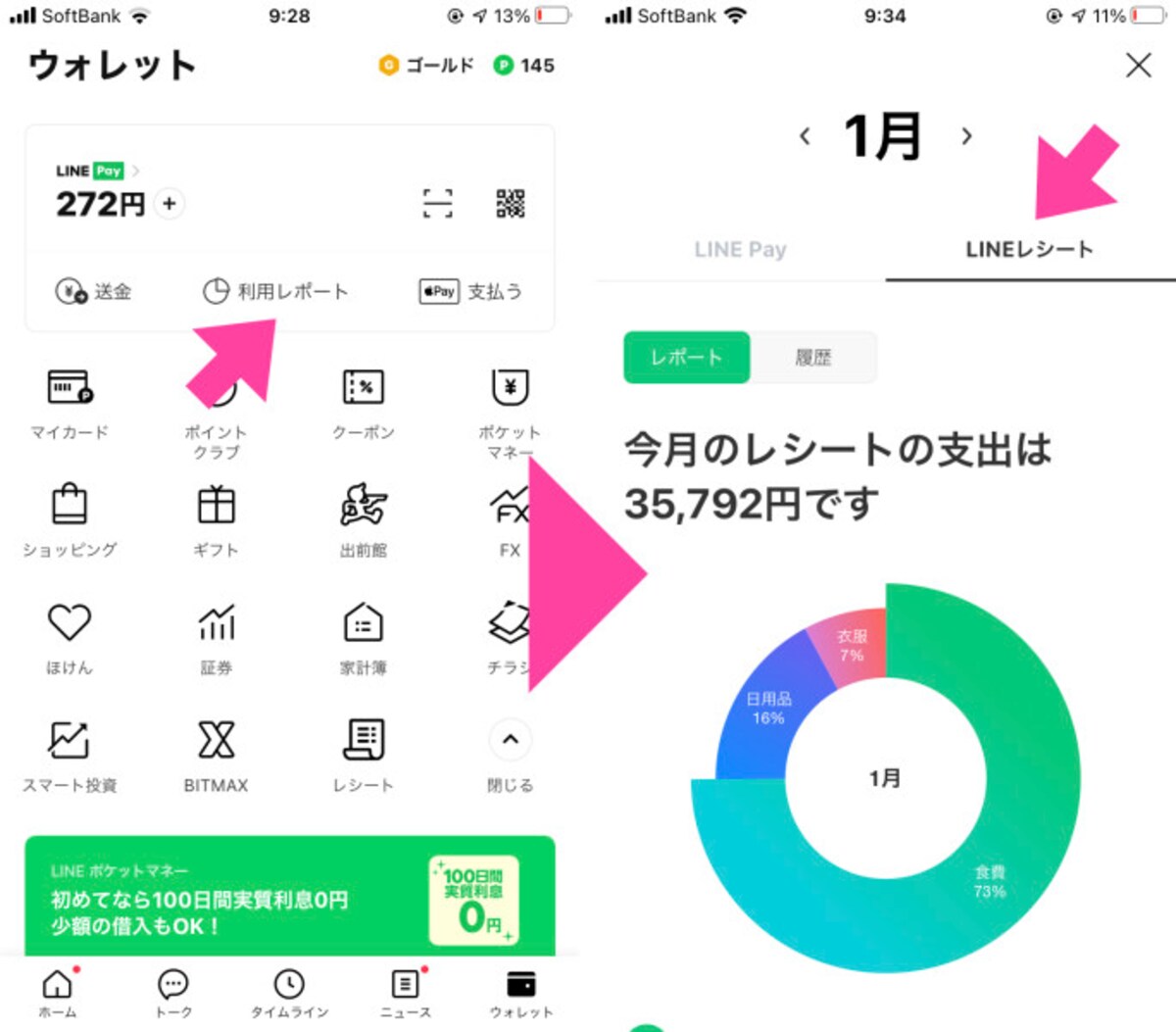 「ウォレット」の「利用レポート」を選択し、「LINEレシート」タブをタップすると、登録したレシートの内訳が表示される