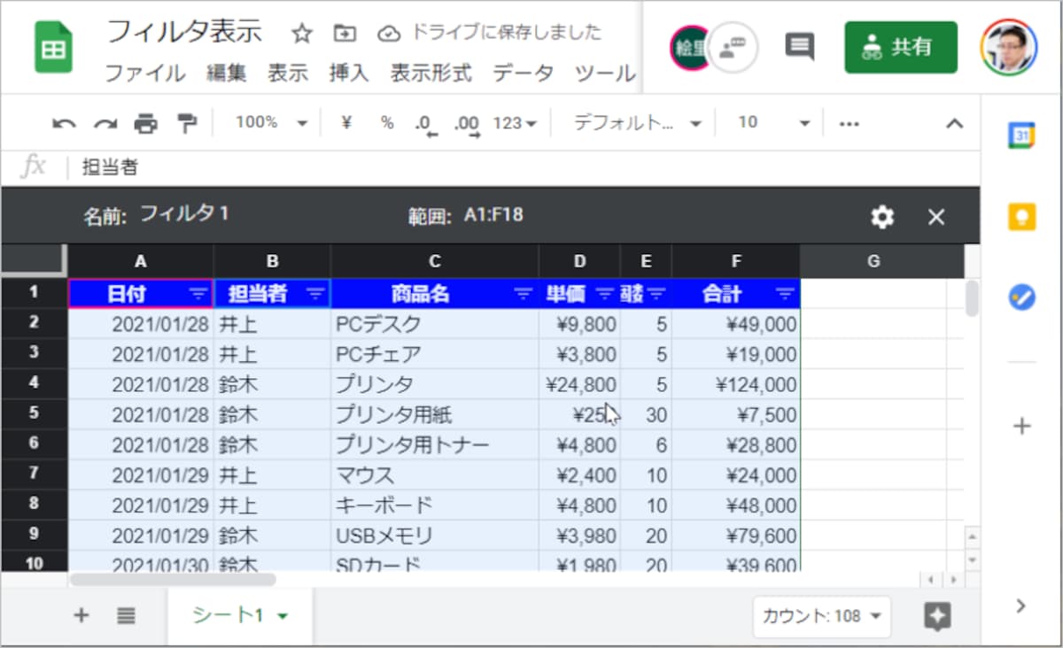 2.行列番号が黒くなって表の見出しにフィルタのボタンが表示されます。これがフィルタ表示が有効になった状態です。