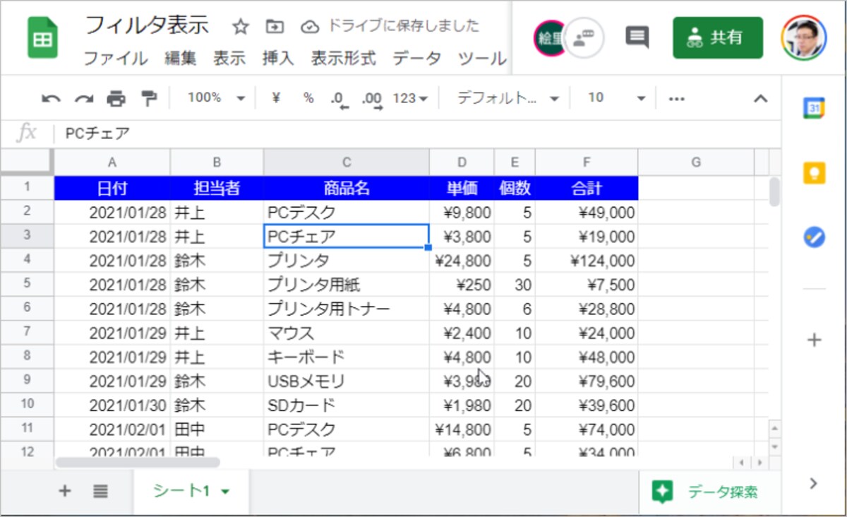 4.現在適用されているフィルタ表示が削除されて、表が元の状態に戻ります。