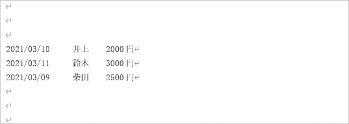 表にするデータを1行ごとに入力します。1行分のデータは「2021/03/10 (TAB) 井上 (TAB) 2000円」のように、［Tab］キーで区切って入力します。