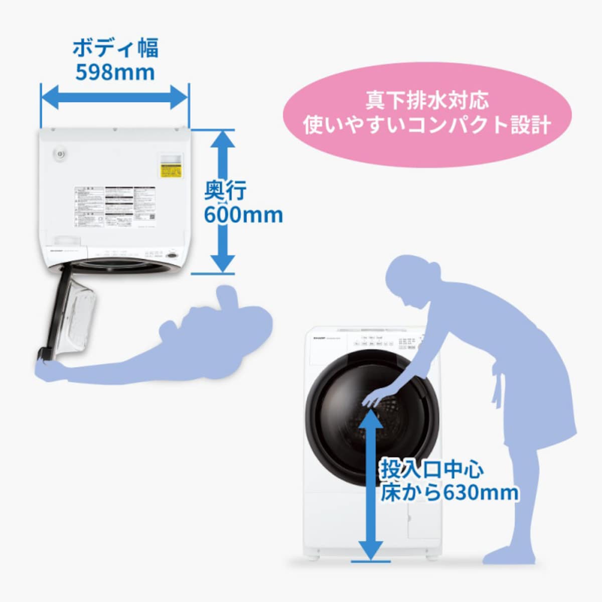 60×60cmのマンションサイズの防水パンにも設置できるドラム式洗濯乾燥機。新モデルでは真下排水にも対応しています