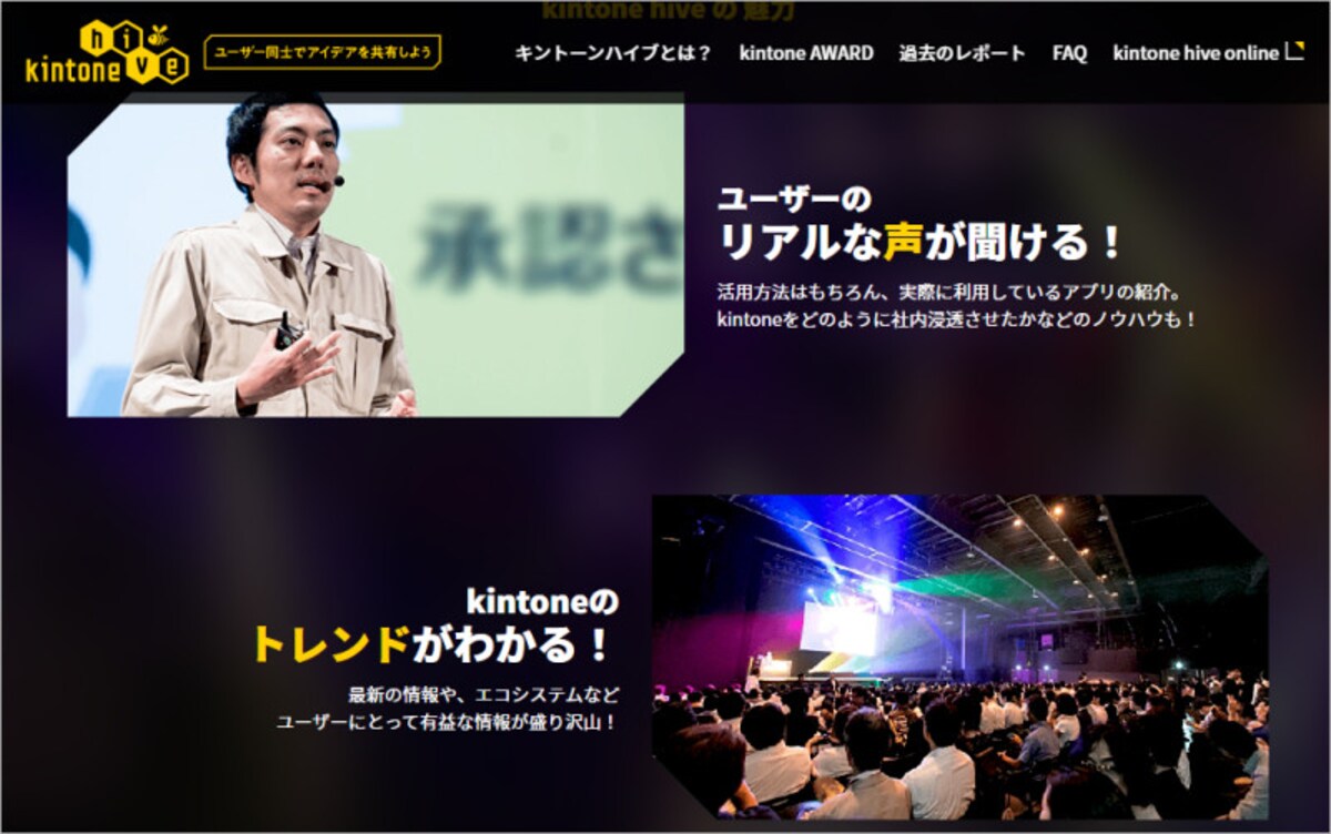 「kintone hive」のサイトです。こんな舞台に立てるよ、と唆しました笑