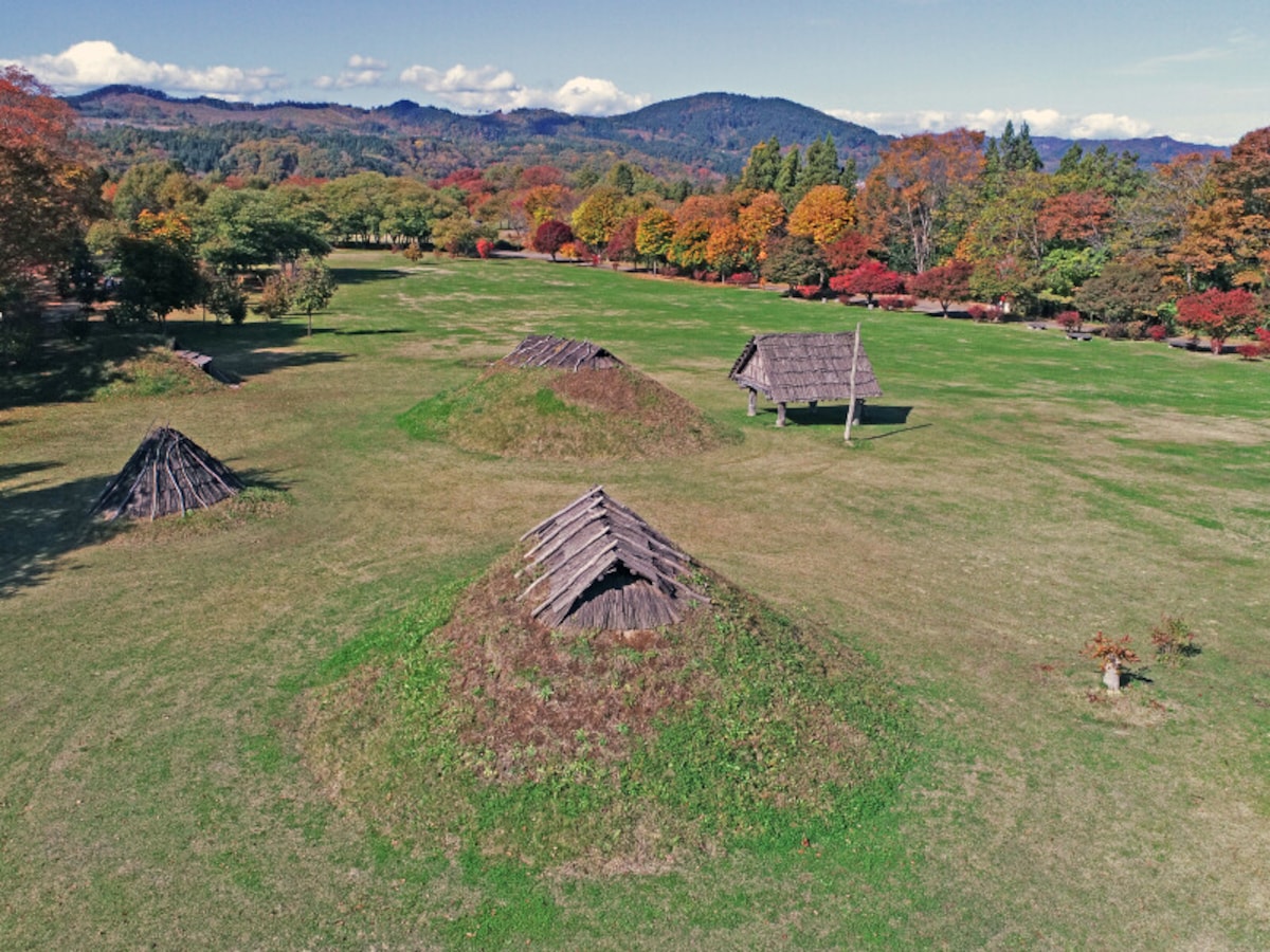 御所野遺跡の土屋根の竪穴建物、伏屋式の竪穴建物、高床建物