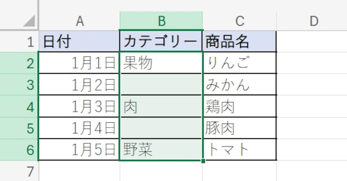 表示させたいセルに項目を入力し、選択します。
