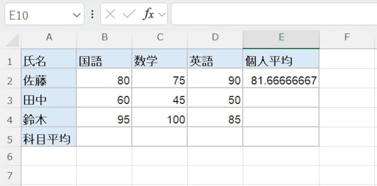 AVERAGE関数で算出した場合