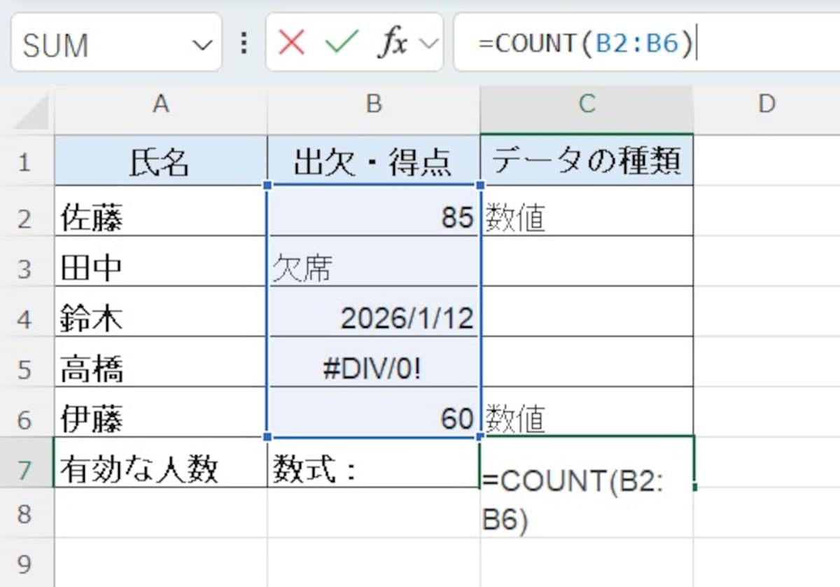 COUNT：数値が入っているセルだけを数える