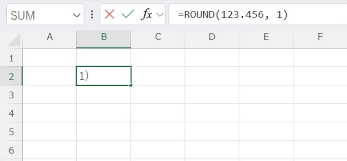 例： =ROUND(123.456, 1)